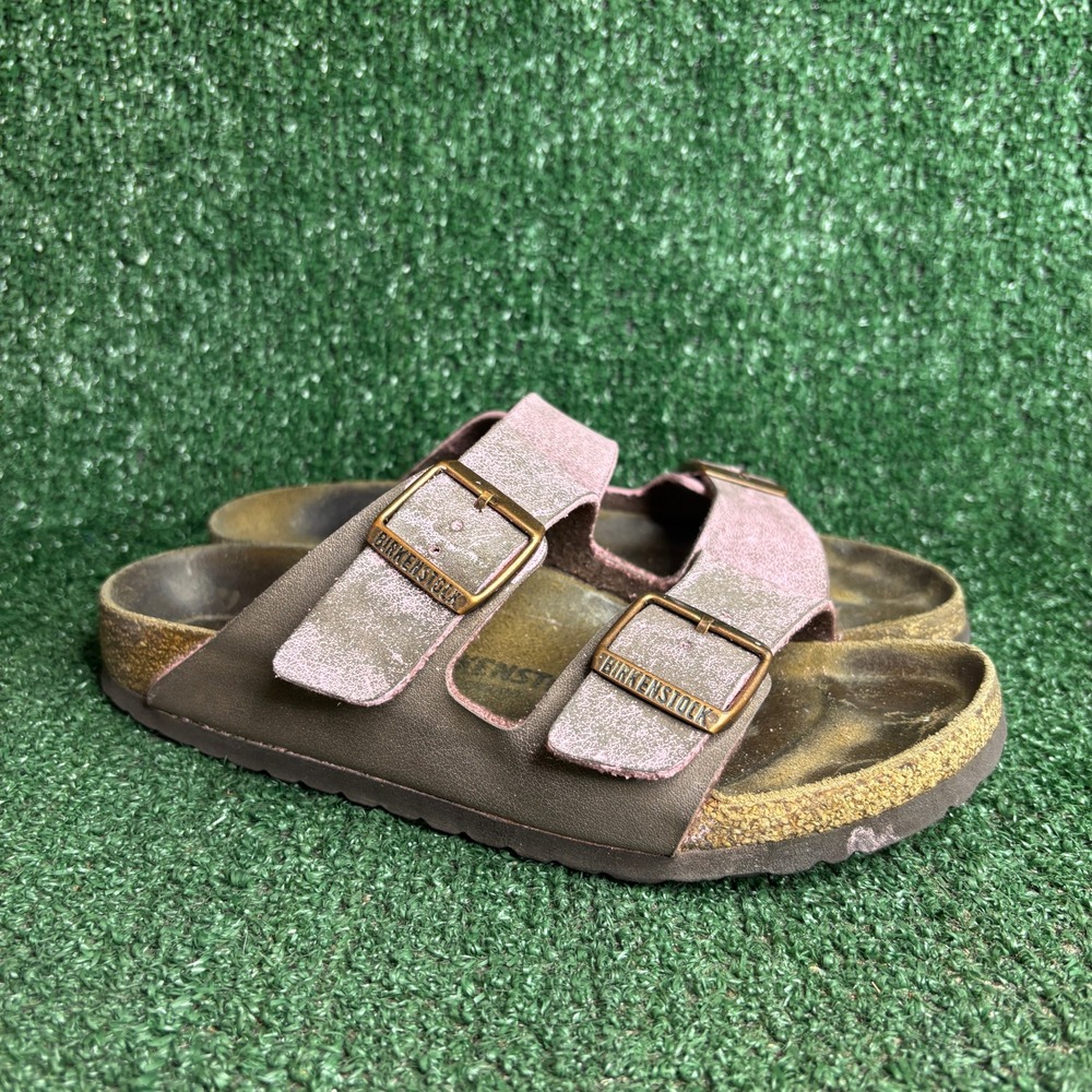 Birkenstock Arizona Distressed Metallic Double Strap Slide Sandal‎ Pink Womens 8